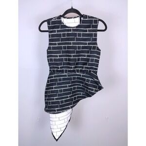 EDIT‎ Metallic Brick Print Asymmetric Peplum Top Black Silver Sleeveless